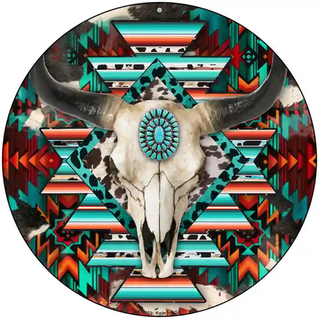 Cow Skull Aztec Vibrant Print Novelty Metal Circle Sign 8" (UC)