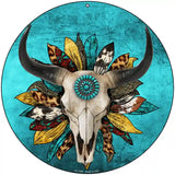 Cow Skull Sunflower Turquoise Novelty Metal Circle Sign 8" (UC)