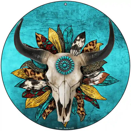 Cow Skull Sunflower Turquoise Novelty Metal Circle Sign 8" (UC)