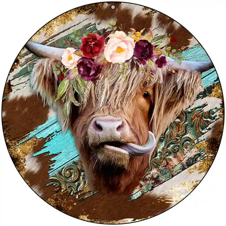 Highland Cattle On Mixed Print Novelty Metal Circle Sign 8" (UC)