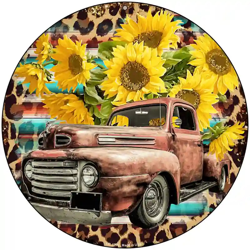 Rusty Truck With Sunflowers Novelty Metal Circle Sign 8" (UC)