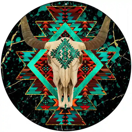 Cow Skull Dark Aztec Novelty Metal Circle Sign 8" (UC)