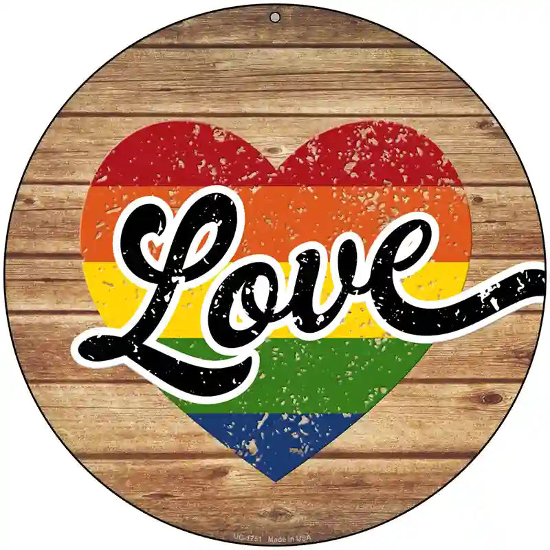 Love Heart On Wood Novelty Metal Circle Sign 8" (UC)