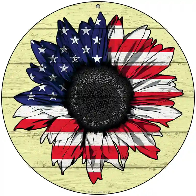 American Flag Sunflower Novelty Metal Circle Sign 8" (UC)