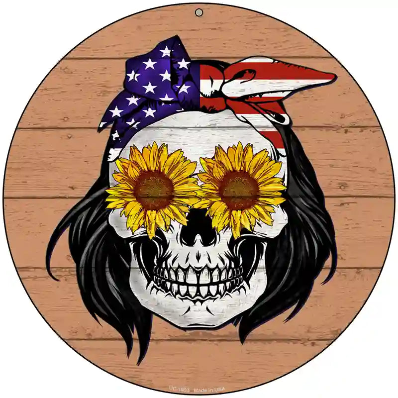 Sunflower Skull Novelty Metal Circle Sign 8" (UC)