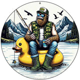 Bigfoot Fishing on Inflatable Duck Novelty Metal Circular Sign C-2059