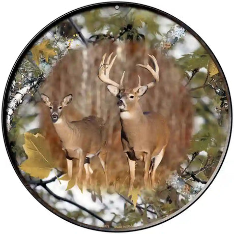 Deer On Camo Novelty Metal Circular Sign 8" (UC)