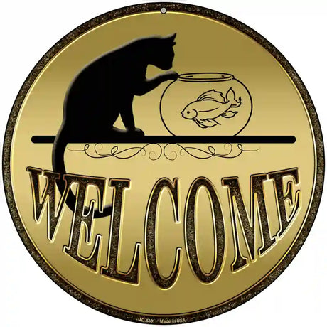 Welcome With Cat Novelty Metal Circular Sign 8" (UC)