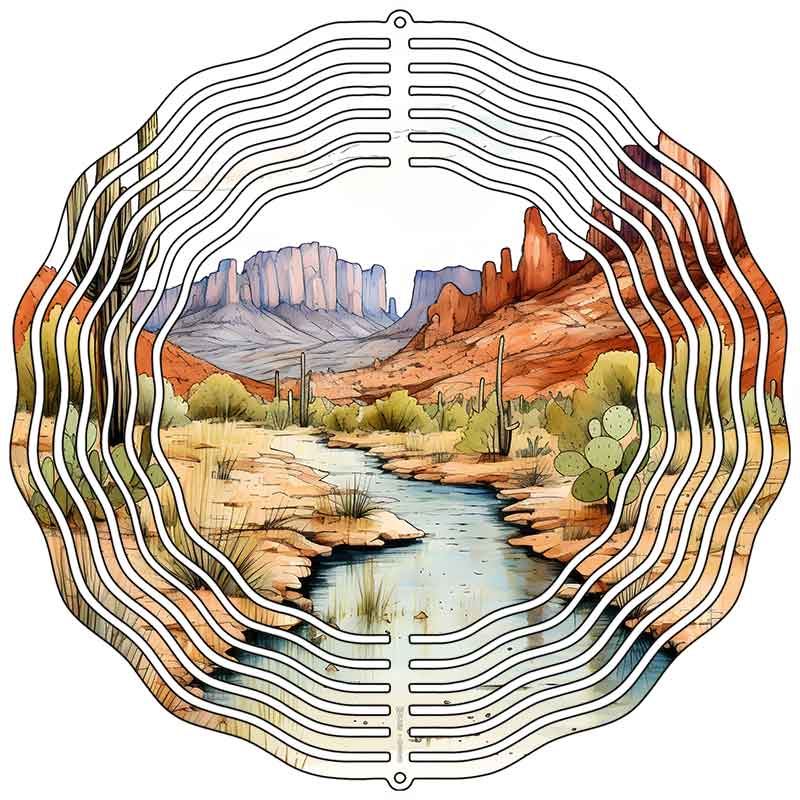 Desert Sunset Stream and Mountains Novelty Metal Wind Spinner