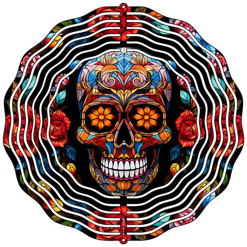 Sugar Skull with Roses Novelty Metal Wind Spinner