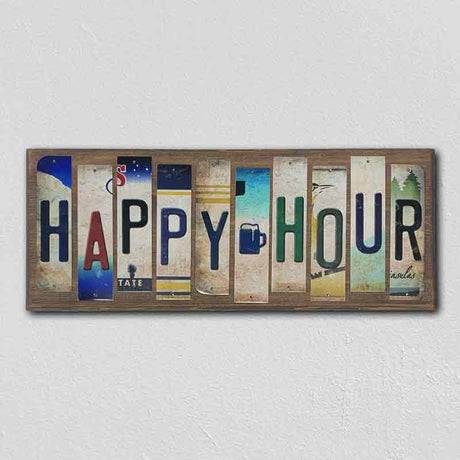 Happy Hour License Plate Tag Strip Novelty Wood Sign WS-025