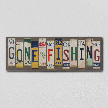 Gone Fishing License Plate Tag Strip Novelty Wood Sign WS-038