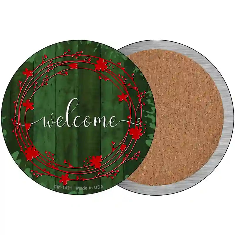 Welcome Wreath Green Wood Novelty Circle Coaster Set of 4