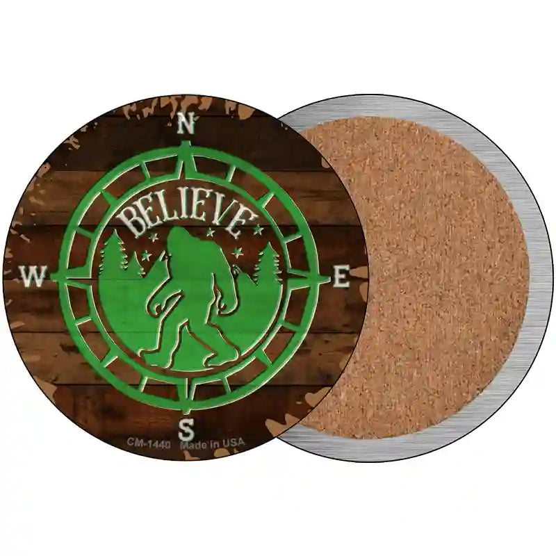 Sasquatch Compass Believe Novelty Circle Coaster Set of 4