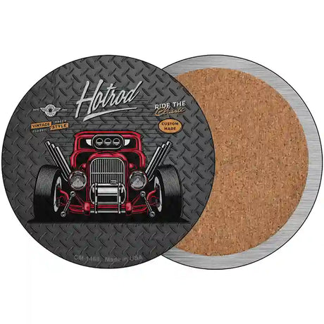 Ride the Classic Red Hotrod Novelty Circle Coaster Set of 4