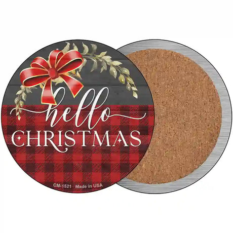 Hello Christmas Plaid Novelty Circle Coaster Set of 4