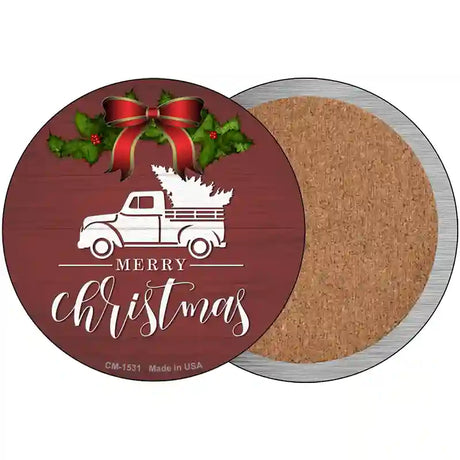 Merry Christmas Truck Red Novelty Circle Coaster Set of 4