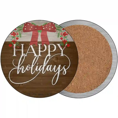 Happy Holidays Bow Wreath Novelty Circle Coaster Set of 4