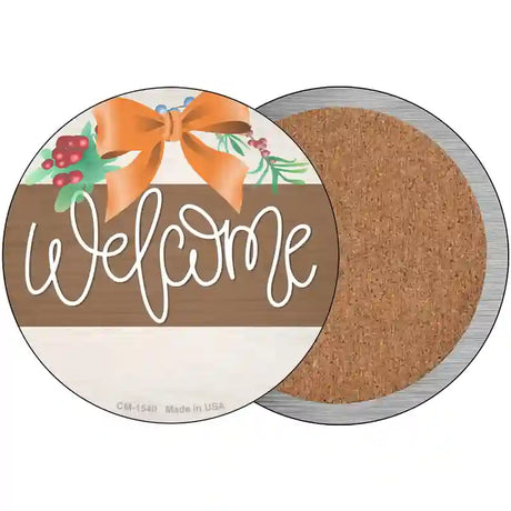 Welcome Bow Wreath Novelty Circle Coaster Set of 4