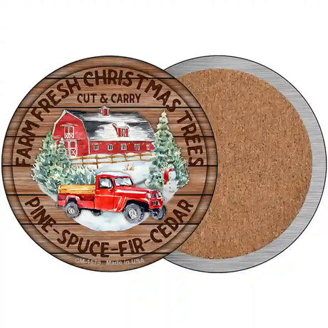 Farm Fresh Christmas Trees Red Novelty Circle Coaster Set of 4