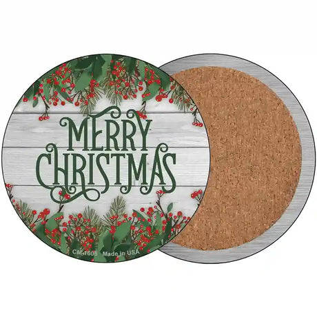 Merry Christmas Green Novelty Circle Coaster Set of 4