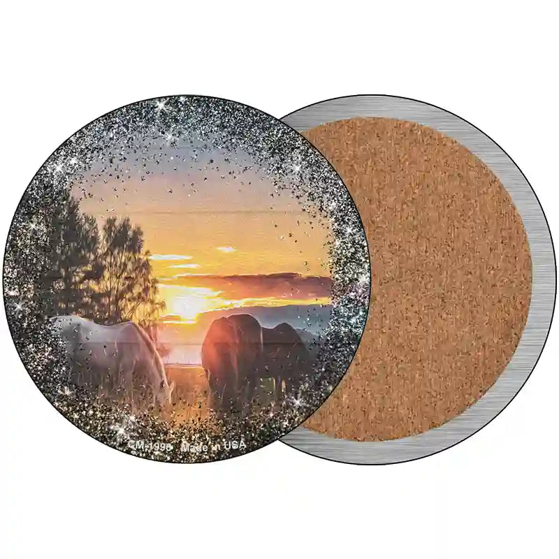 Horses Eating in Sunset Novelty Circle Coaster Set of 4