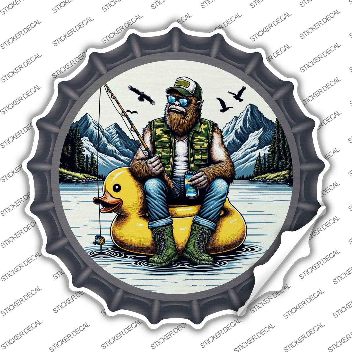 Bigfoot Fishing on Inflatable Duck Novelty Bottle Cap Sticker Decal BC-2059s