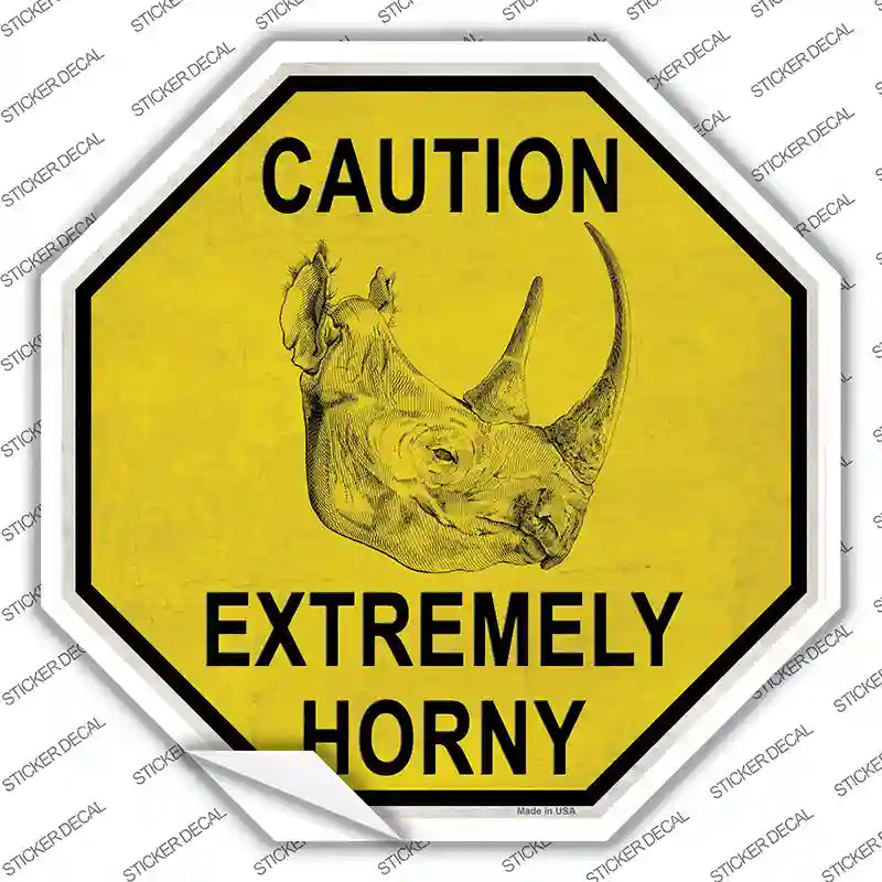 Caution Extremely Horny Rhino Novelty Octagon Sticker Decal Small