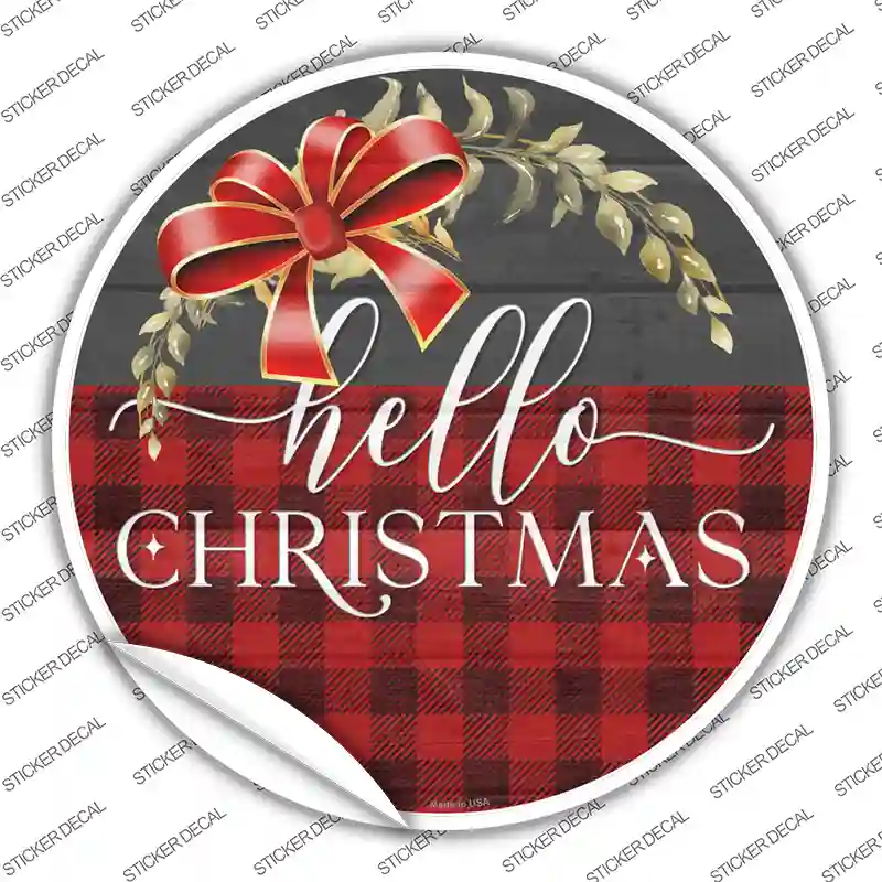 Hello Christmas Plaid Novelty Circle Sticker Decal