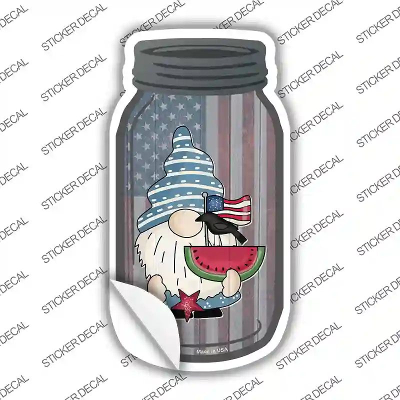 Gnome With Watermelon and Flag Novelty Mason Jar Sticker Decal Small