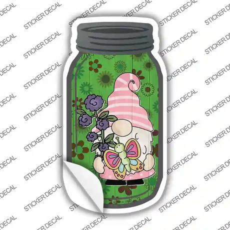 Gnome With Flowers and Butterfly Novelty Mason Jar Sticker Decal Small