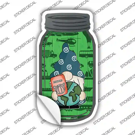 Gnome With Passport and Globe Novelty Mason Jar Sticker Decal Small