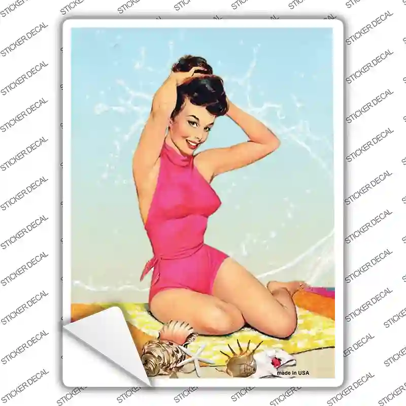 Pink Bathing Suit Girl Vintage Pinup Novelty Rectangle Sticker Decal
