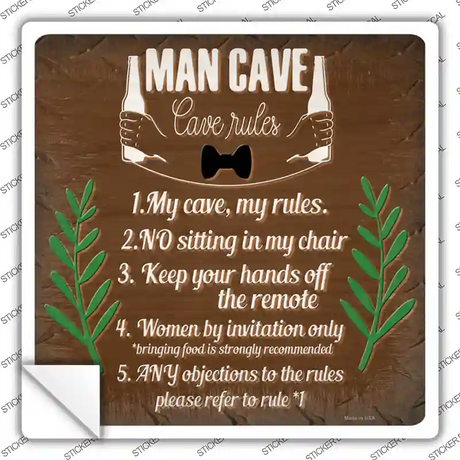 Man Cave 5 Rules Novelty Square Sticker Decal Small