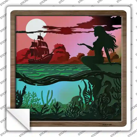 Mermaid and Ship Shadow Box Novelty Square Sticker Decal Small