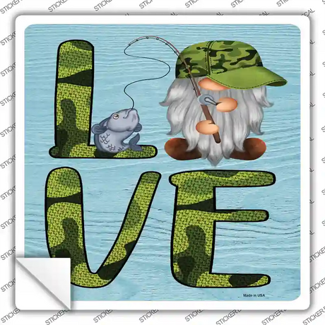Camo Love Fishing Gnome Novelty Square Sticker Decal
