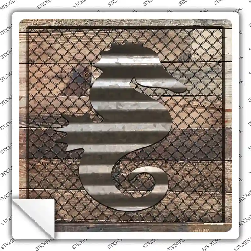 Corrugated Seahorse on Wood Novelty Square Sticker Decal