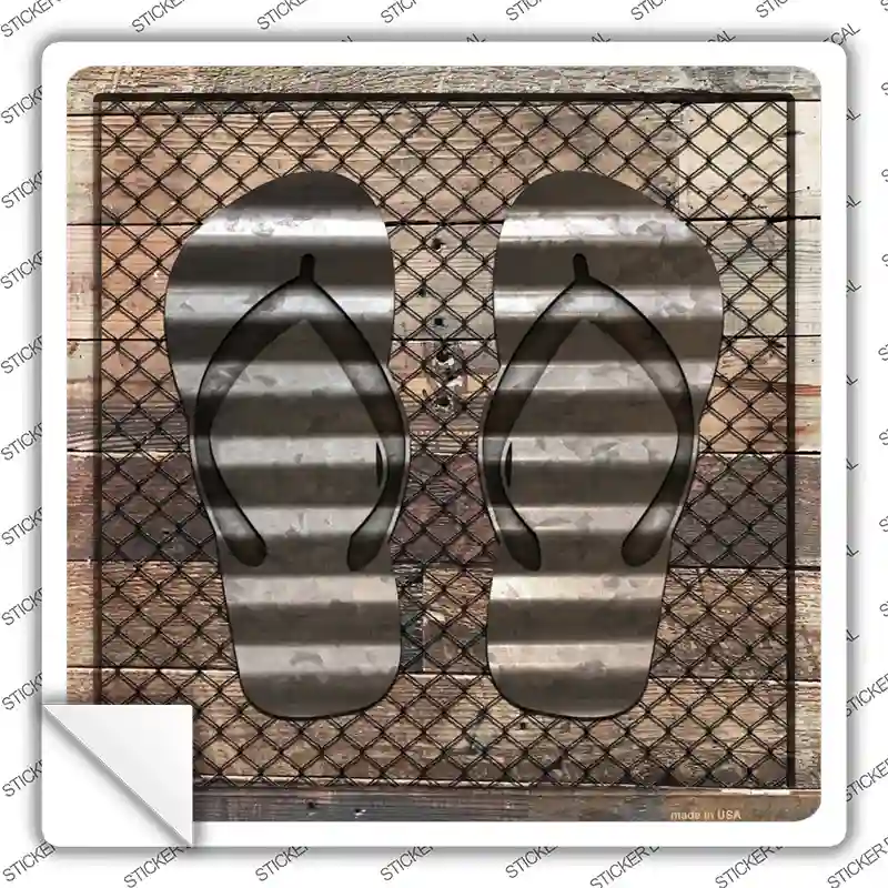 Corrugated Flip Flops on Wood Novelty Square Sticker Decal