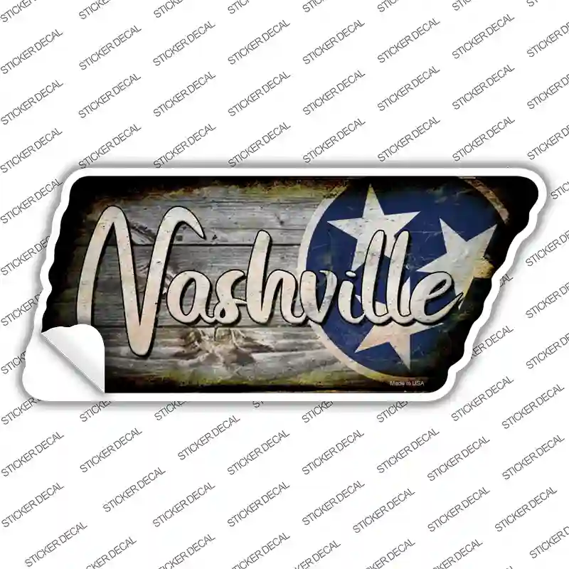 Nashville Tri Star on Wood Novelty Rusty Effect Tennessee Shape Sticker Decal Small