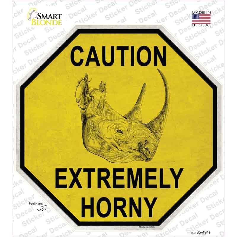 Caution Extremely Horny Rhino Novelty Octagon Sticker Decal Small