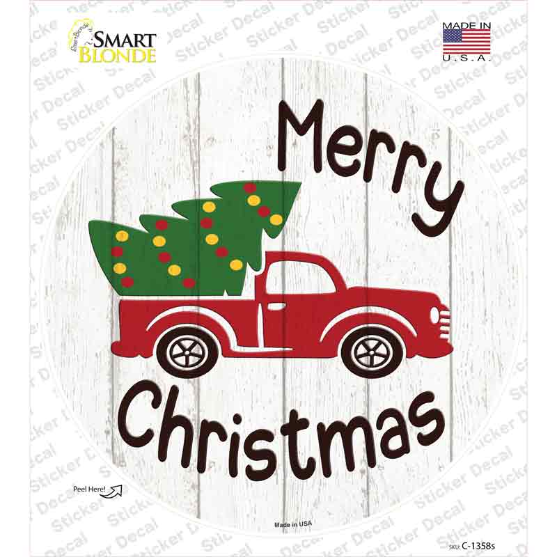 Merry Christmas Tree Truck Novelty Circle Sticker Decal Small