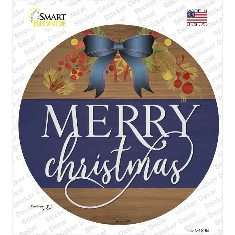Merry Christmas Blue Bow Novelty Circle Sticker Decal