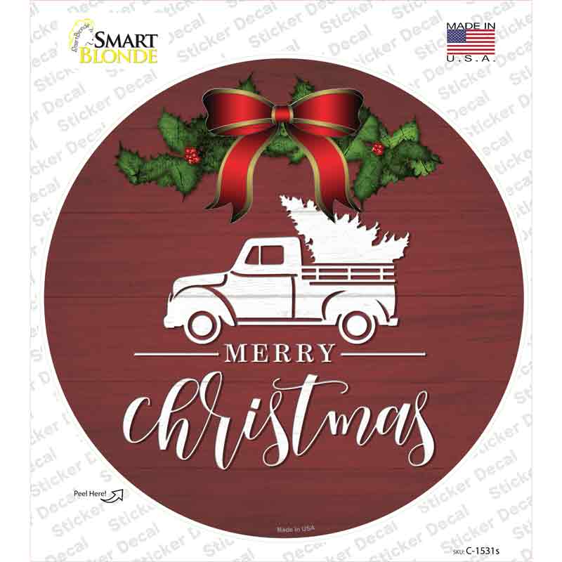 Merry Christmas Truck Red Novelty Circle Sticker Decal Small