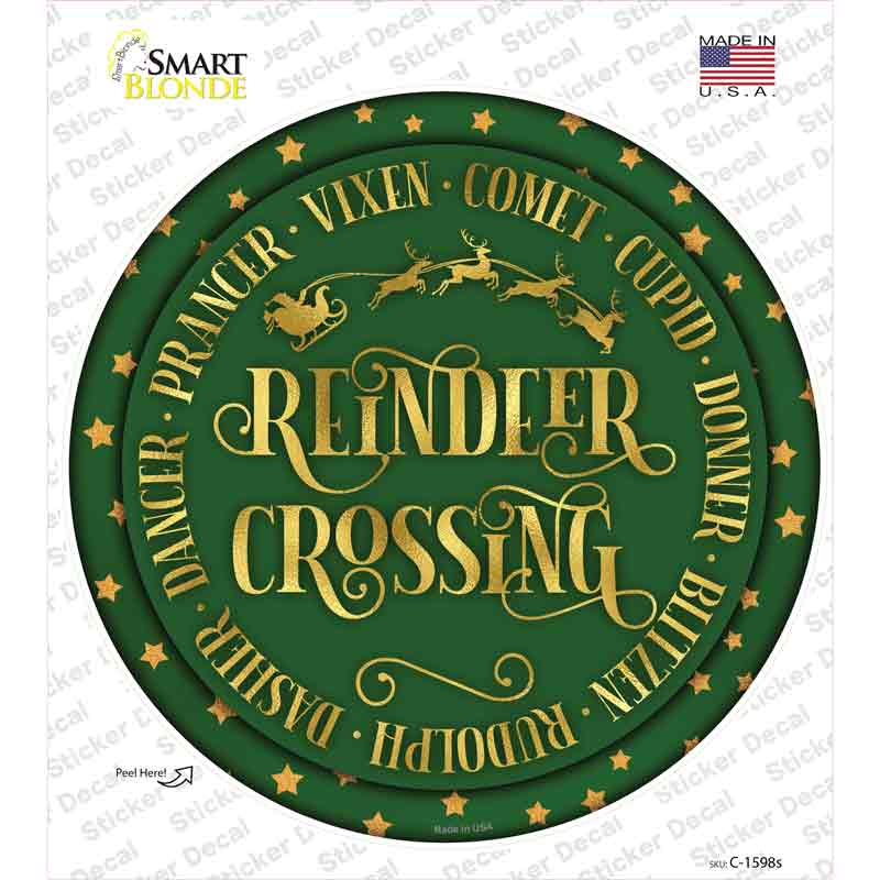 Reindeer Crossing Green Novelty Circle Sticker Decal Small