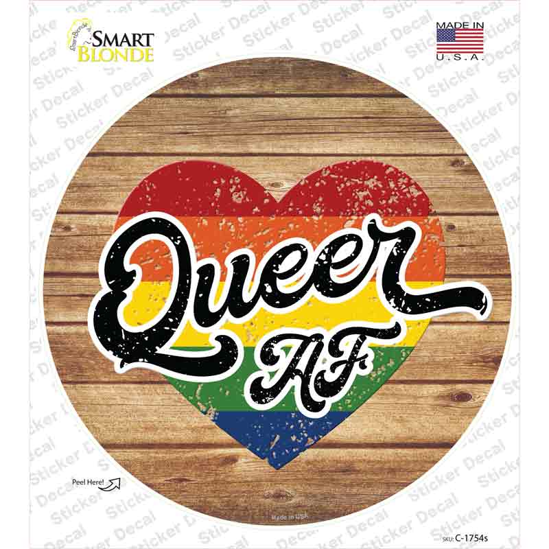 Queer AF Heart On Wood Novelty Circle Sticker Decal Small