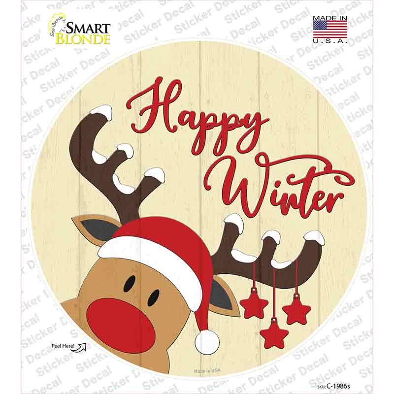 Happy Winter Reindeer Novelty Circle Sticker Decal Small