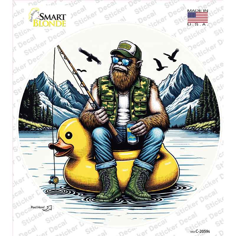 Bigfoot Fishing on Inflatable Duck Novelty Circle Sticker Decal C-2059s