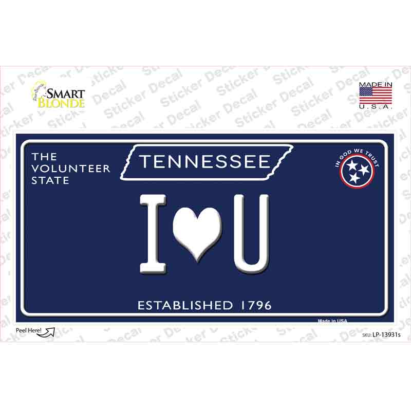 I Heart U Tennessee Blue Novelty Sticker Decal Small