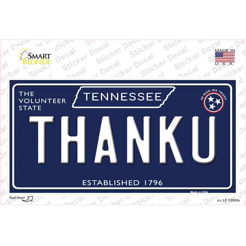 Thank U Tennessee Blue Novelty Sticker Decal Small