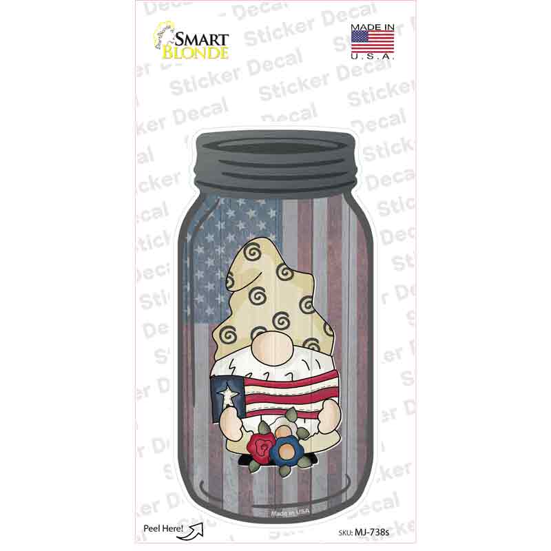 Gnome With American Flag and Flowers Novelty Mason Jar Sticker Decal Small